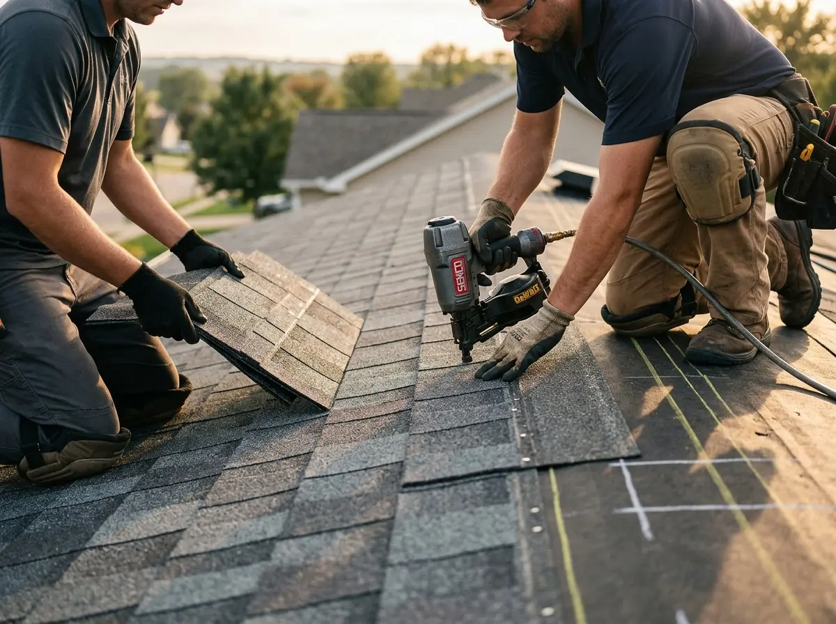 Professional roofer working on a residential roof in Collinsville